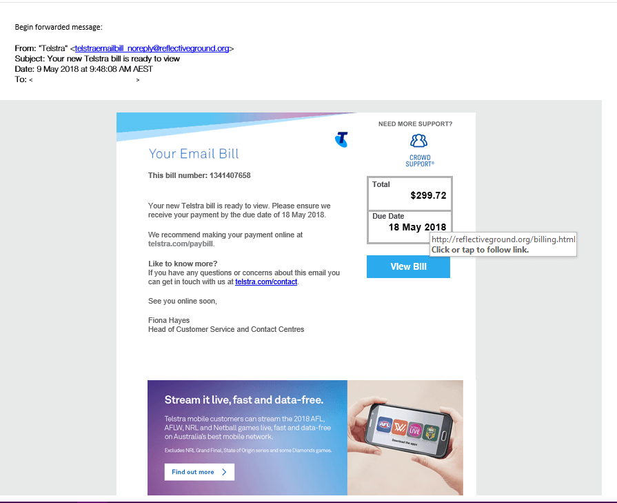 Telstra phone bill email scam – warning!